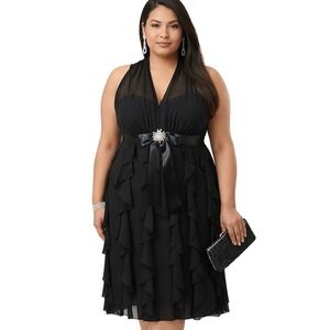 BETSY & ADAM Size 16W Black Sheer Halter Whimsigoth Formal Cocktail Prom Dress